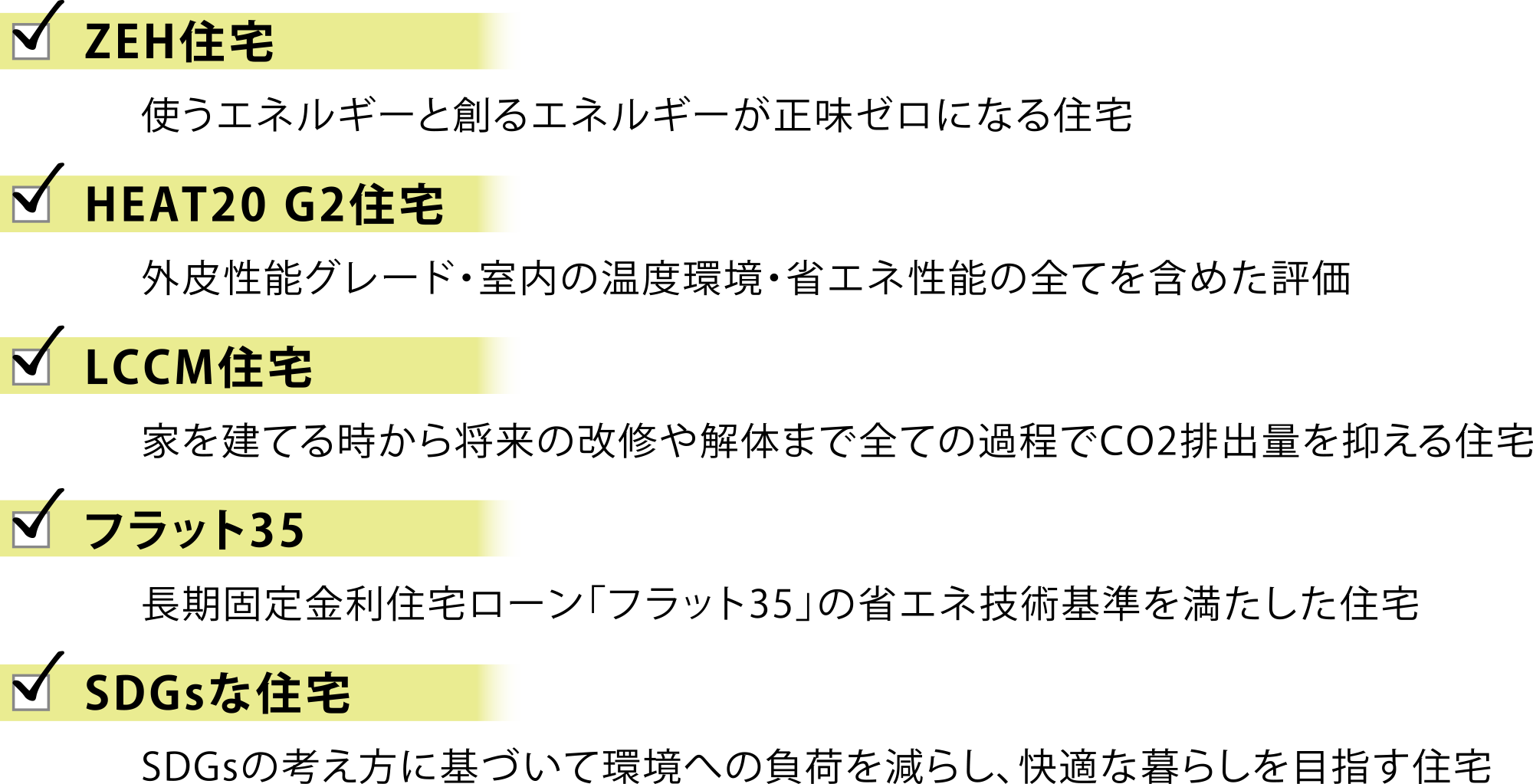 ・ZEH住宅：使うエネルギーと創るエネルギーが正味ゼロになる住宅・HEAT20 G2住宅 ：外皮性能グレード・室内の温度環境・省エネ性能の全てを含めた評価・LCCM住宅：家を建てる時から将来の改修や解体まで全ての過程でCO2排出量を抑える住宅・フラット35：長期固定金利住宅ローン「フラット35」の省エネ技術基準を満たした住宅・SDGsな住宅：SDGsの考え方に基づいて環境への負荷を減らし、快適な暮らしを目指す住宅