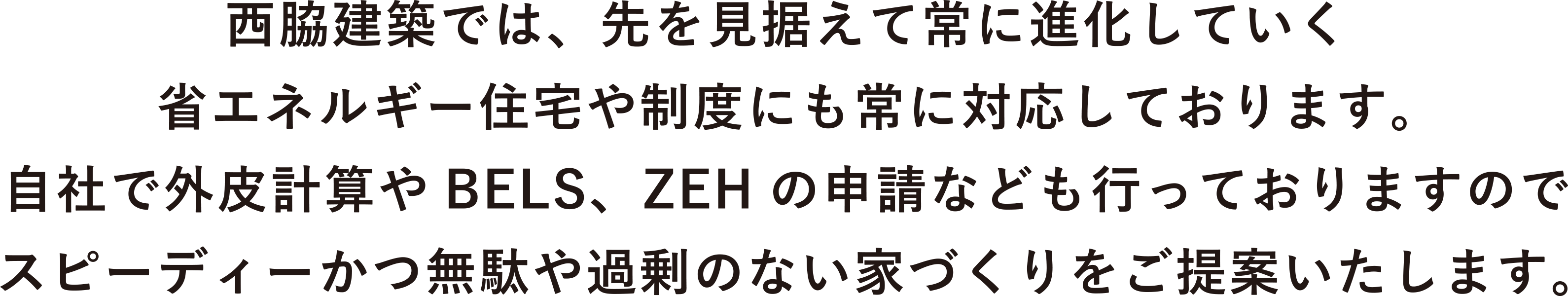 西脇建築では、先を見据えて常に進化していく省エネルギー住宅や制度にも常に対応しております。自社で外皮計算やBELS、ZEHの申請なども行っておりますのでスピーディーかつ無駄や過剰のない家づくりをご提案いたします。