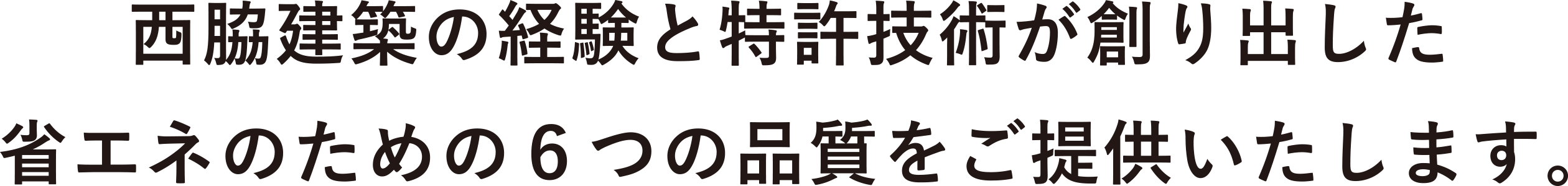 西脇建築の経験と特許技術が創り出した省エネのための６つの品質をご提供いたします。