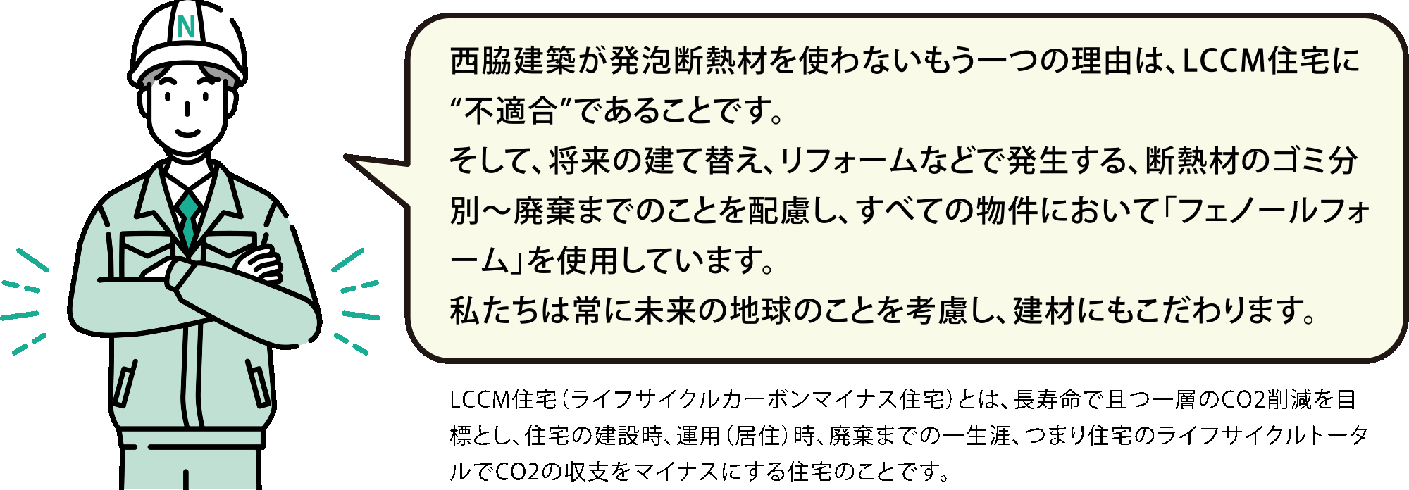 西脇建築が発泡断熱材を使わないもう一つの理由は、LCCM住宅に“不適合”であることです。そして、将来の建て替え、リフォームなどで発生する、断熱材のゴミ分別〜廃棄までのことを配慮し、すべての物件において「フェノールフォーム」を使用しています。私たちは常に未来の地球のことを考慮し、建材にもこだわります。LCCM住宅（ライフサイクルカーボンマイナス住宅）とは、長寿命で且つ一層のCO2削減を目標とし、住宅の建設時、運用（居住）時、廃棄までの一生涯、つまり住宅のライフサイクルトータルでCO2の収支をマイナスにする住宅のことです。